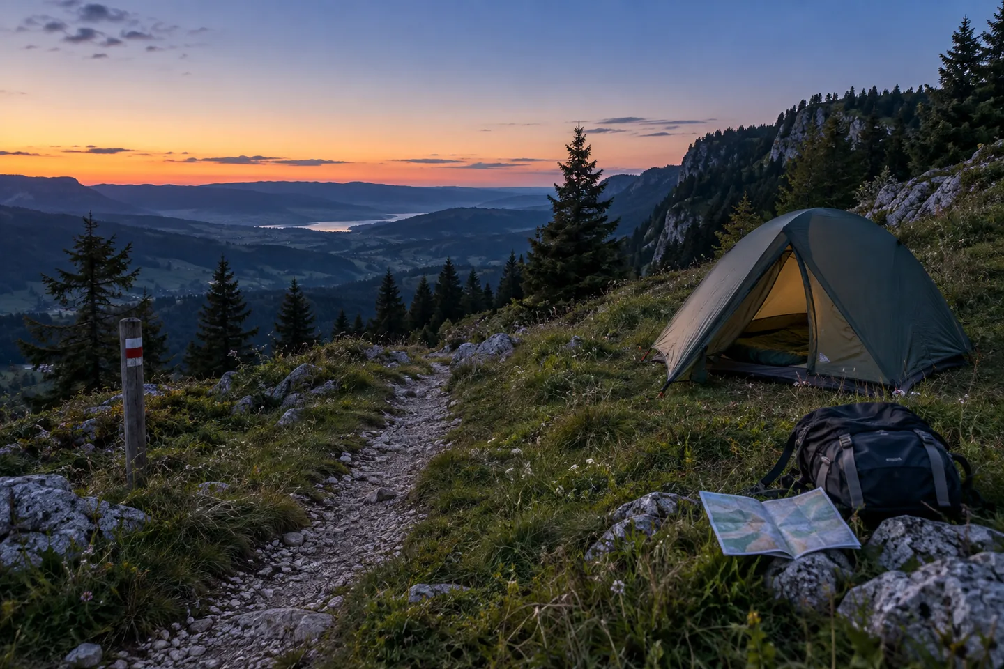 Petite tente de bivouac installée au bord d’un sentier au crépuscule