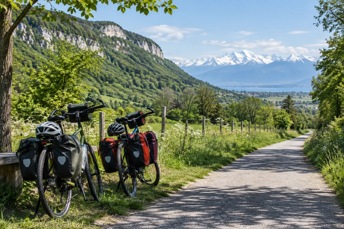 Vélos de randonnée au bord d’une voie verte du Pays de Gex