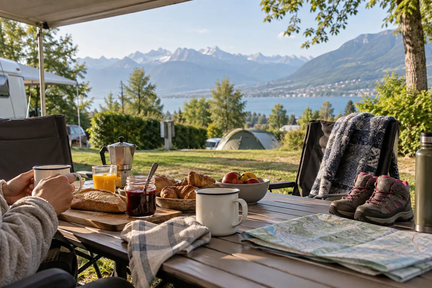 Petit-déjeuner sous un auvent de camping avec carte de randonnée