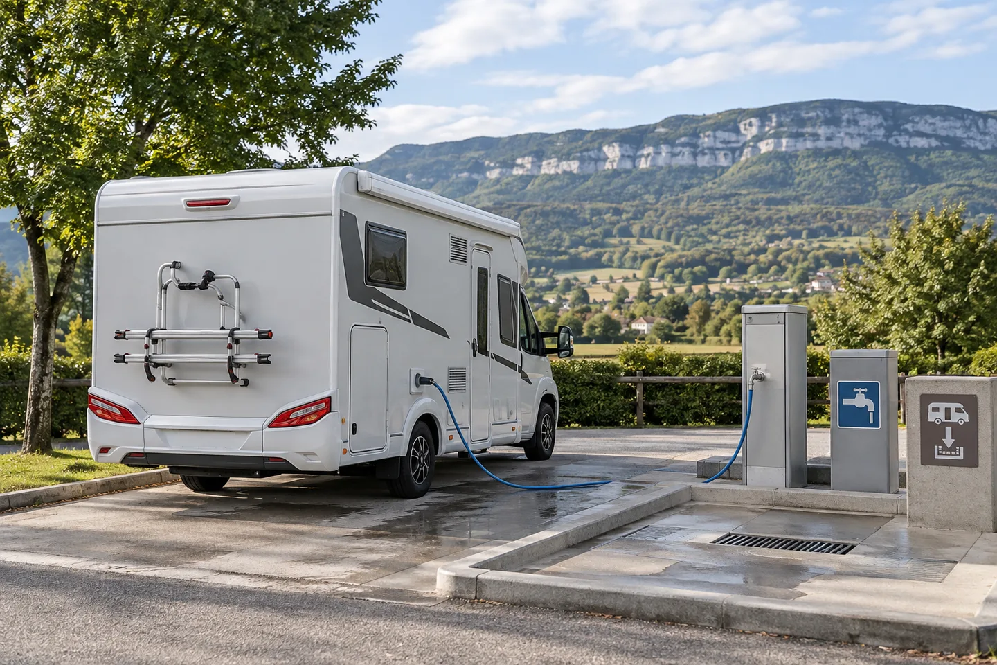 Camping-car compact sur une aire de services propre